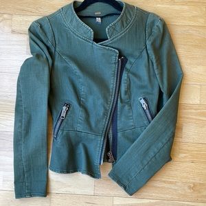 Free people moto jacket size 0,  stretch cotton canvas + military peplum waist